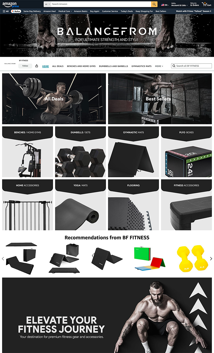 Amazon BF Fitness page showing workout gear, weights, mats, boxes, and fitness accessories with a muscular man exercising.